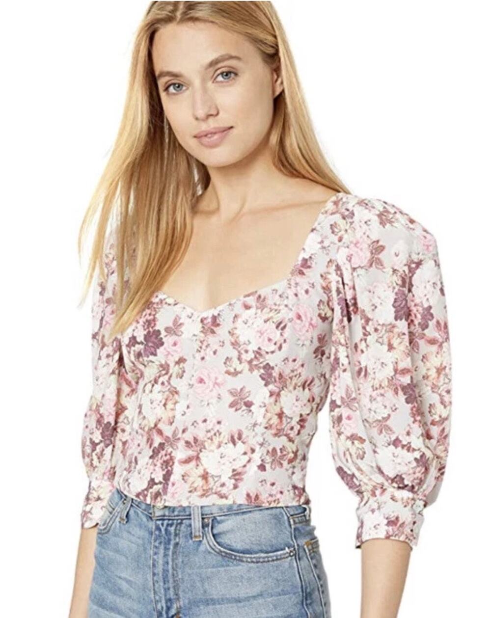 NWT For Love & Lemons Houston Lace Up Floral Top Balletcore Coquette Cottagecore
